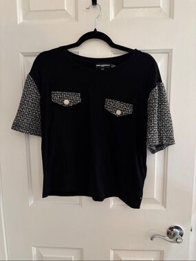 Karl Lagerfeld Black Tee with Tweed Pocket Flaps